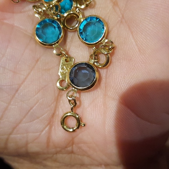 AUTHENTIC SWAROVSKI AQUA crystal tennis bracelet gold 8.25" +1" stamped GENUINE - Picture 3 of 5